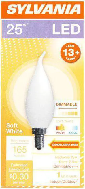 (12 bulbs) Sylvania LED Frosted B10, Candelabra base, 25 watt equivalent, Dimmable, Soft White, 165 lumen LED Light Bulb