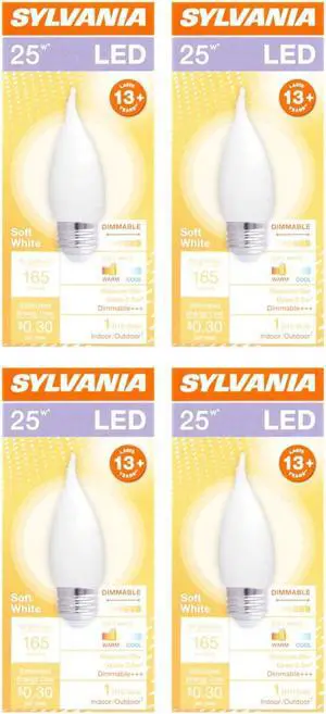 (4 bulbs) Sylvania LED Chandelier Light Bulb, 25 watt, Soft White, Dimmable, Medium Base, B10 shape, Frosted