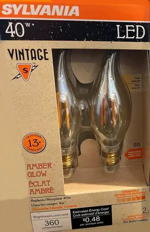 (12 bulbs) Sylvania LED B10 Candle Flame, Vintage Style Filament, 40 watt replacement, Amber Glow, Dimmable LED light bulb, Candelabra Base