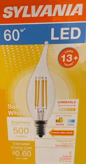 (4 bulbs) Sylvania LED B10 60 watt equivalent, Candelabra Base, Dimmable Indoor Outdoor, Soft White Clear, LED Light Bulb