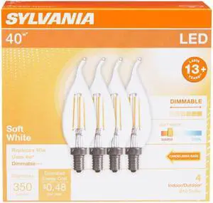 (4 pack) Sylvania 40385 LED Candle Flame B10 Light Bulb, 40 watt equivalent, Indoor Outdoor, Dimmable, Candelabra Base, Soft White