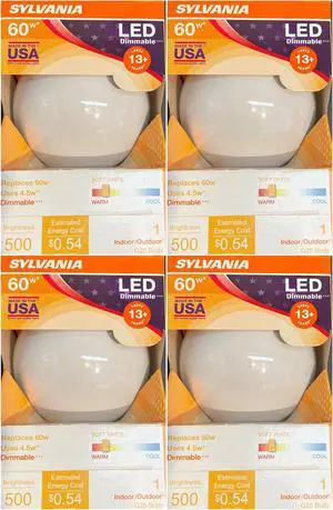 (4 bulbs) Sylvania 40472 LED Frosted Glass Globe, 60 watt equivalent, G25 Medium Base LED Light Bulb Made in the USA