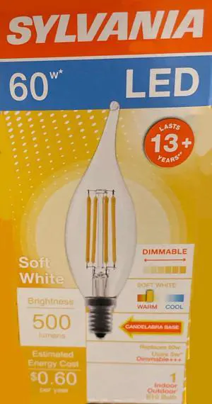 (12 bulbs) Sylvania LED B10, 60 watt equivalent, Candelabra Base, Dimmable Indoor Outdoor, Soft White, Clear, LED Light Bulb