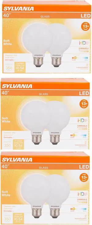 (case of 6 bulbs) Sylvania LED G25 Glass Globe 40 watt equivalent Soft White Dimmable