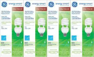 (4 bulbs) GE Lighting 77123 energy smart CFL 3-way 13/19/26-Watt (30/70/100 watt replacement) 600/1150/1750-Lumen T3 Spiral Light Bulb with Medium Base