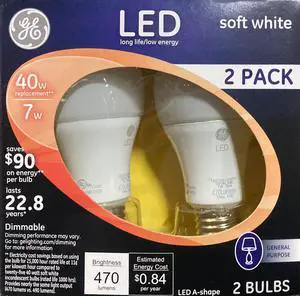 (2 bulbs) LED Soft White 40 watt replacement, medium base, dimmable, 470 lumen LED Light Bulb (2 bulbs) LED Soft White 40 watt replacement, medium base, dimmable, 470 lumen LED Light Bulb