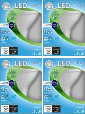 (4 bulbs) GE Lighting 96852 LED Indoor Floodlight, Dimmable, 12-watt (75-watt Equivalent) 1000 Lumen PAR30L Light Bulb with Medium Base, Daylight