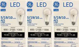 (3 bulbs) GE 38563 A21 3 way LED light bulb, 5w/19w/10w classic shape, LED 3-way Light Bulb