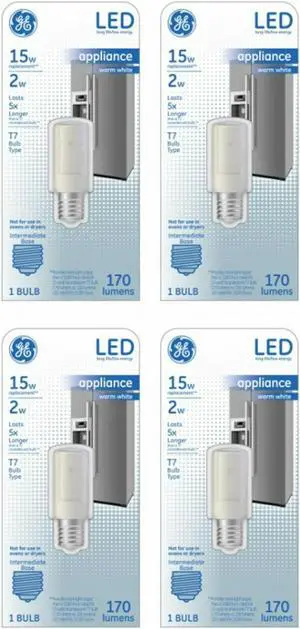 (case of 4) GE 29039 LED2T7 E17 -OT  LED light bulb, T7 shape, warm white, 15 watt equivalent, LED appliance bulb