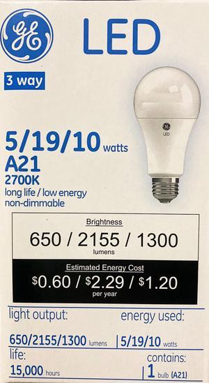 (1 bulb) GE 38563 A21 3 way LED light bulb, 5w/19w/10w classic shape, LED 3-way Light Bulb
