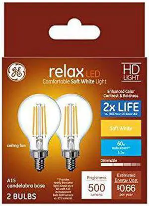 GE Relax 2-Pack 60 W Equivalent Dimmable Soft White A15 LED Light Fixture Light Bulbs Candelabra GE Relax 2-Pack 60 W Equivalent Dimmable Soft White A15 LED Light Fixture Light Bulbs Candelabra