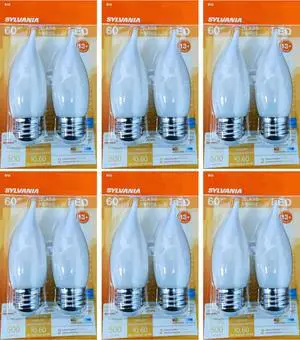 (12 bulbs) Sylvania 40529 - LED Decorative Candle Bulb, Bent Tip, Frosted Glass, Medium Base, 60 watt equivalent, soft white, Dimmable LED Light Bulb