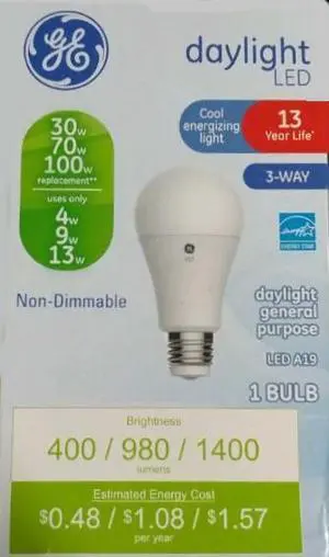 GE daylight LED 3-WAY A19, 100 watt 70 watt 30 watt equivalent LED light bulb