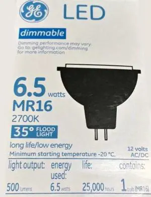 (case of 6) GE dimmable LED MR16 Flood Light, 6.5 watts, 2700K, 500 lumens, black (case of 6) GE dimmable LED MR16 Flood Light, 6.5 watts, 2700K, 500 lumens, black