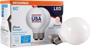 SYLVANIA G25 LED Globe Dcor Light Bulbs, 60W Equivalent Efficient 5W, Non-Dimmable, 550 Lumens, 5000K, Daylight - 2 Pack (40219) LED Light bulb
