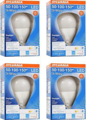 (4 bulbs) SYLVANIA A21 LED Light Bulb, 3 Way, 50W/ 100W/ 150W, 13 Year, Non-Dimmable, Up to 2600 Lumens, 5000K, Daylight (79770)