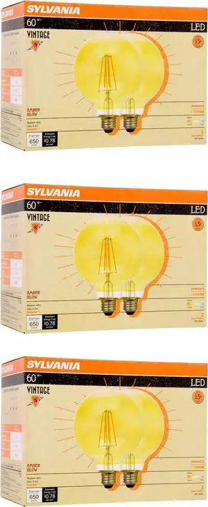 (6 bulbs) Sylvania 40069 LED Vintage G40 Globe, Amber Glow, 60 watt replacement using only 6.5 watts, 650 lumens, Dimmable