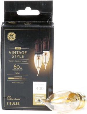 (2 bulbs) GE 33541 Vintage Amber glass LED, Dimmable, 60 watt Equivalent using only 5.5 watts, medium base