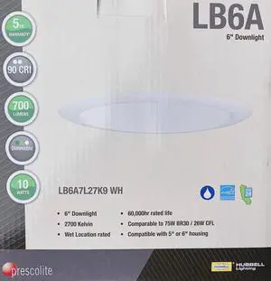 Prescolite LB6A7L27K9 LiteBox 6 inch round LED Downlight and Retrofit Trim, 2700K, 700 Lumens, 10 watts, dimmable, white trim, recessed lighting LED