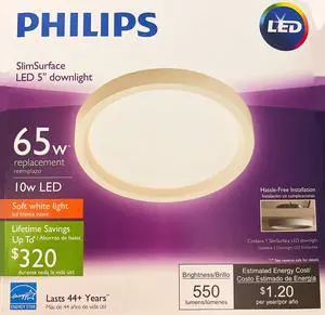 Philips LED SlimSurface 5 inch round Wafer downlight, 65 watt replacement using only 10 watts, Dimmable, soft white 3000K, 550 lumens
