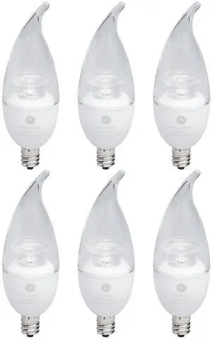 (6 bulbs) GE 21231 LED candle shape light bulb, candelabra base, 40 watt equivalent using only 4 watts, 2700K warm white, clear decorative LED chandelier Light bulb (6 bulbs) GE 21231 LED candle shape light bulb, candelabra base, 40 watt equivalent using only 4 watts, 2700K warm white, clear decorative LED chandelier Light bulb