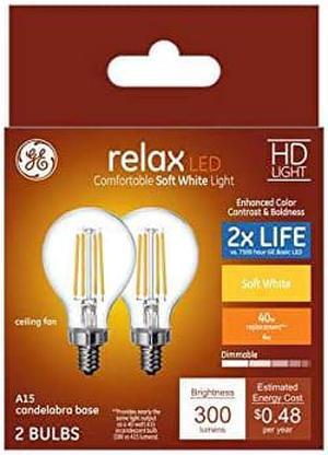 GE Relax 2-Pack 40 W Equivalent Dimmable Warm White A15 LED Light Fixture Light Bulbs Candelabra