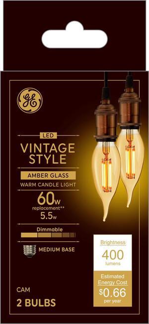 (2 bulbs) GE Lighting 36553, Vintage Style LED Decorative Chandelier Light Bulb, 5.5 Watt (60 Watt Equivalent) Warm Candle Light, Amber Glass, Medium Base, Dimmable, 400 lumens