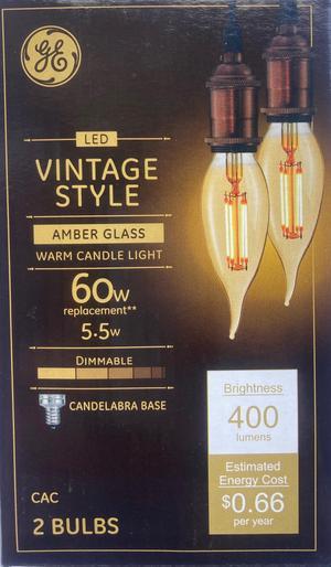 (2 bulbs) GE Vintage Amber Glass LED Chandelier Bulb, Candelabra base, 60 watt equivalent, 400 lumens, Dimmable Decoractive LED bulb