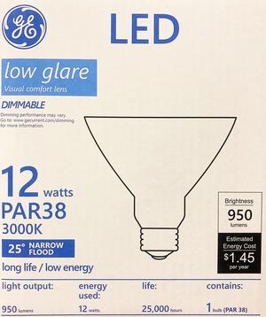 GE 50030 LED  PAR38, low glare, 12 watt, 950 lumens, 3000K, Narrow Flood LED Light Bulb