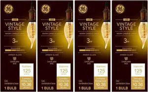 (4 bulbs) GE 36707 Vintage Decorative Bent Tip 3 watt LED Light Bulb (25 watt equivalent), Dimmable with amber finish and meandering spiral filament, candelabra base