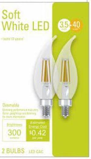 (2 bulbs) GE Lighting 32596 LED Chandelier CAC Light Bulb, Soft White, 300 lumens, 3.5 watt LED Light bulb, Dimmable