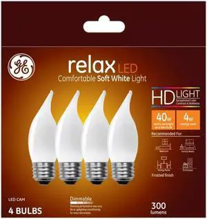 (4 bulbs) GE 48263 relax LED CAM Chandelier Decorative Bulbs, bent tip, medium base, Dimmable, HD Light, 40 watt equivalent, comfortable soft white light, frosted finish