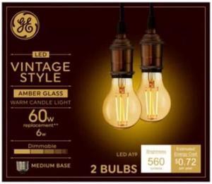(2 bulbs) GE 48556 Vintage Style, Amber Glass A19 LED Light Bulb, 60 watt equivalent, 560 lumens, medium base, Dimmable