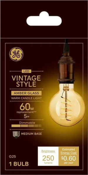 GE 36731 Vintage Style LED Light Bulb, G25 Globe, Amber finish, Meandering Spiral filament, medium base, Dimmable