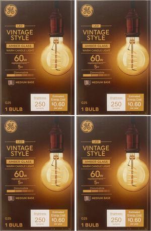 (case of 4 bulbs) GE 36731 Vintage Style LED Light Bulb, G25 Globe, Amber finish, Joyously Meandering Spiral filament, medium base, Dimmable