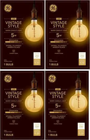 (case of 4 bulbs) GE 36739 Vintage Style LED G40 Globe Light Bulb, Amber, Joyfully Meandering Spiral filament, 5 watt, Dimmable