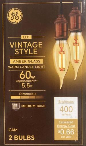 GE Vintage LED Decorative Light Bulbs, 5.5 Watts (60 Watt Equivalent) Warm Candle Light 2000K, Amber Glass, Medium Base, Dimmable (2 Pack)