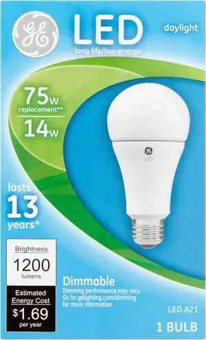 GE 36045 daylight LED A21, Dimmable, 75 watt replacement, 1200 lumens, medium base, 5000K Daylight LED light bulb GE 36045 daylight LED A21, Dimmable, 75 watt replacement, 1200 lumens, medium base, 5000K Daylight LED light bulb