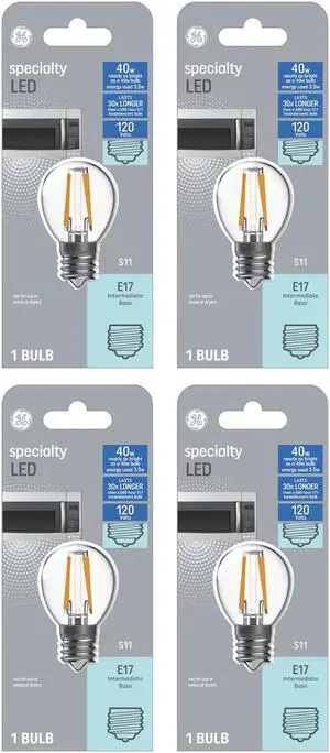 GE Lighting 93128996 LED Light Bulb, S11, Warm White, Clear, 360 Lumens, 4-Watts - Quantity 4 GE Lighting 93128996 LED Light Bulb, S11, Warm White, Clear, 360 Lumens, 4-Watts - Quantity 4