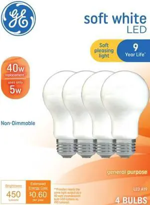 GE soft white LED 40 watt equivalent A19 non-dimmable General Purpose LED bulbs (4 pack) GE soft white LED 40 watt equivalent A19 non-dimmable General Purpose LED bulbs (4 pack)