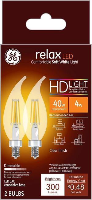 (2 bulbs) GE Lighting 36893 Clear Finish Light Bulb Relax HD Dimmable LED Decorative 4 watt (40-Watt Replacement), 300-Lumen Candelabra Base Bent Tip, 2-Pack, Soft White, 2