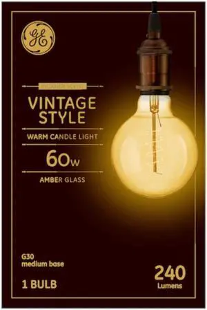 GE 46176 Vintage LED G30, Amber Glass, 60 watt replacement, meandering joyous spiral filament, dimmable LED Lightbulb