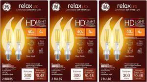 (6 bulbs) GE Lighting 36893 relax LED Chandelier Light Bulb, Dimmable, Clear Decorative 4 watt (40-Watt Replacement), 300-Lumen Candelabra Base Bent Tip, Soft White LED Light Bulb