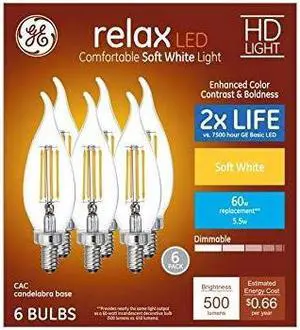 GE Relax 6-Pack LED Decorative 60 watt Equivalent, Dimmable Soft White CA12 LED Light Bulbs Decorative Candelabra Antique