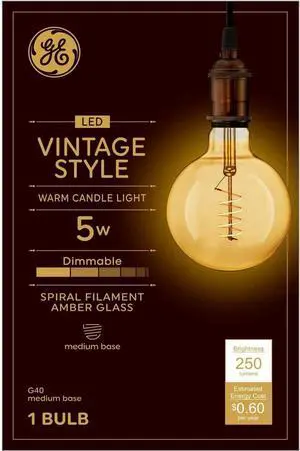GE 36739 Vintage Style LED G40 Globe Light Bulb, Amber, Meandering Spiral filament, 5 watt, Dimmable