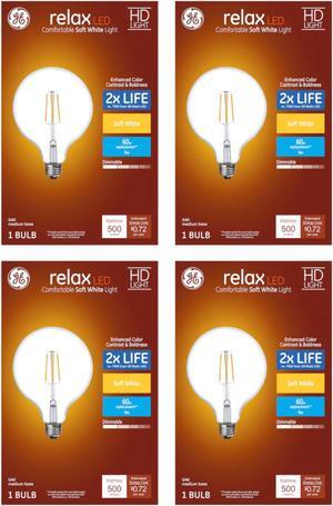 (4 bulbs) GE 41857 relax LED G40 Globe HD Light, 60 watt replacement using only 6 watts, 500 lumens, soft white, dimmable LED Light Bulb