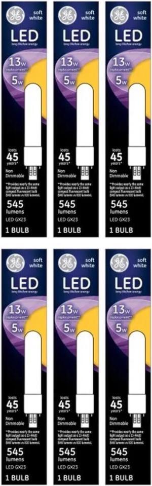 (6 bulbs) GE Lighting 93095834 LED GX23 Compact Fluorescent Retrofit Bulb, Soft White, 545 Lumens, 5 Watts