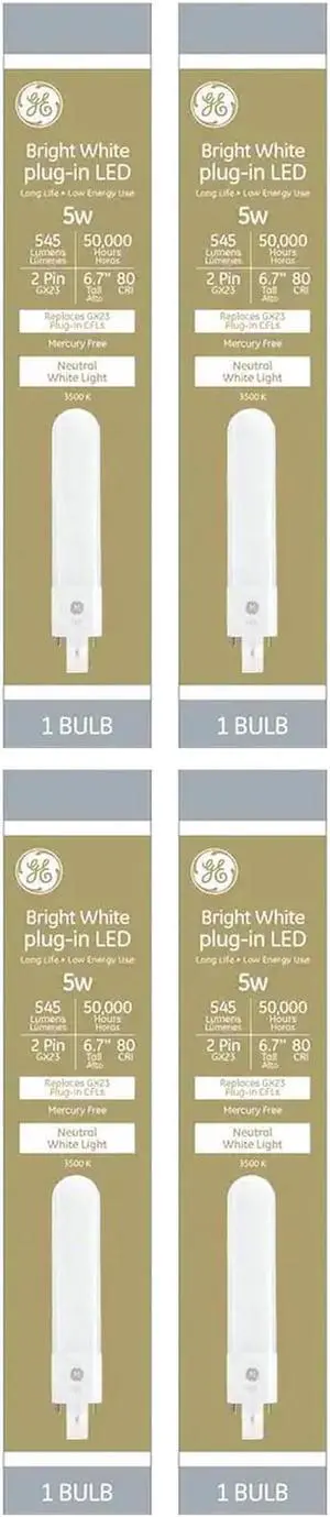 (case of 4) GE 30543 plug-in LED Neutral White 3500K, 5 watts 545 lumens 2 pin GX23 base,  3500K LED upgrade replacement for plug-in CFL compact fluorescent GX23 bulb, LED5GX23/835