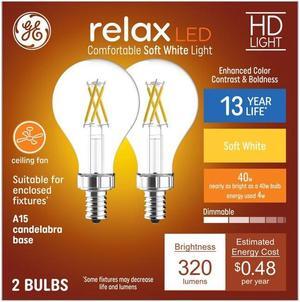 (2 pack) GE 47957 relax LED comfortable soft white A15 LED Light bulbs, candelabra base, 40 watt equivalent, 320 lumens, HD light, 13 year life