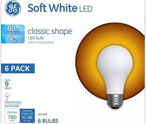 (6 bulbs) GE Soft White LED classic shape A19 light bulb, 60 watt replacement, long life low energy LED Light Bulb